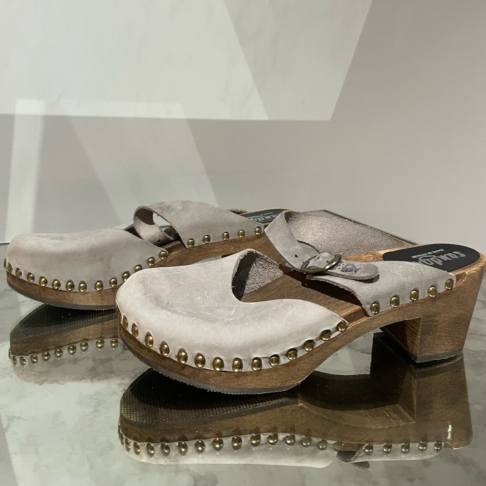 Studded Suede Taupe Clog Mules with Buckle